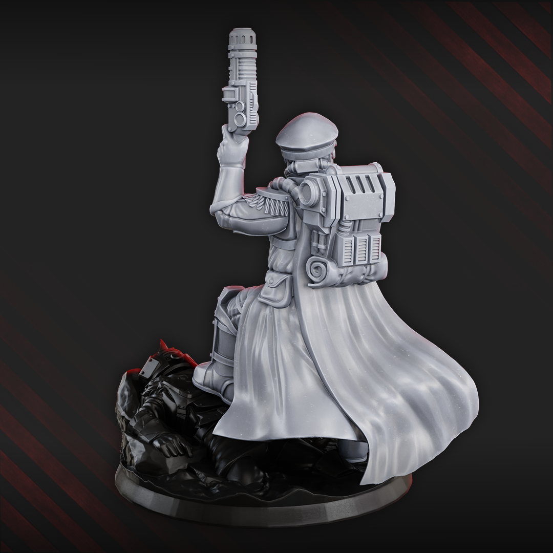 Rear view of Dawnguard Commissar by DakkaDakka, showing flowing coat, backpack detail, raised pistol, armor panels, and scenic base.