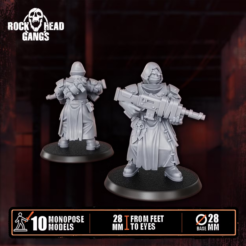 Close-up of two Deadland Lurkers sci-fi gang miniatures with rugged weapons and gear