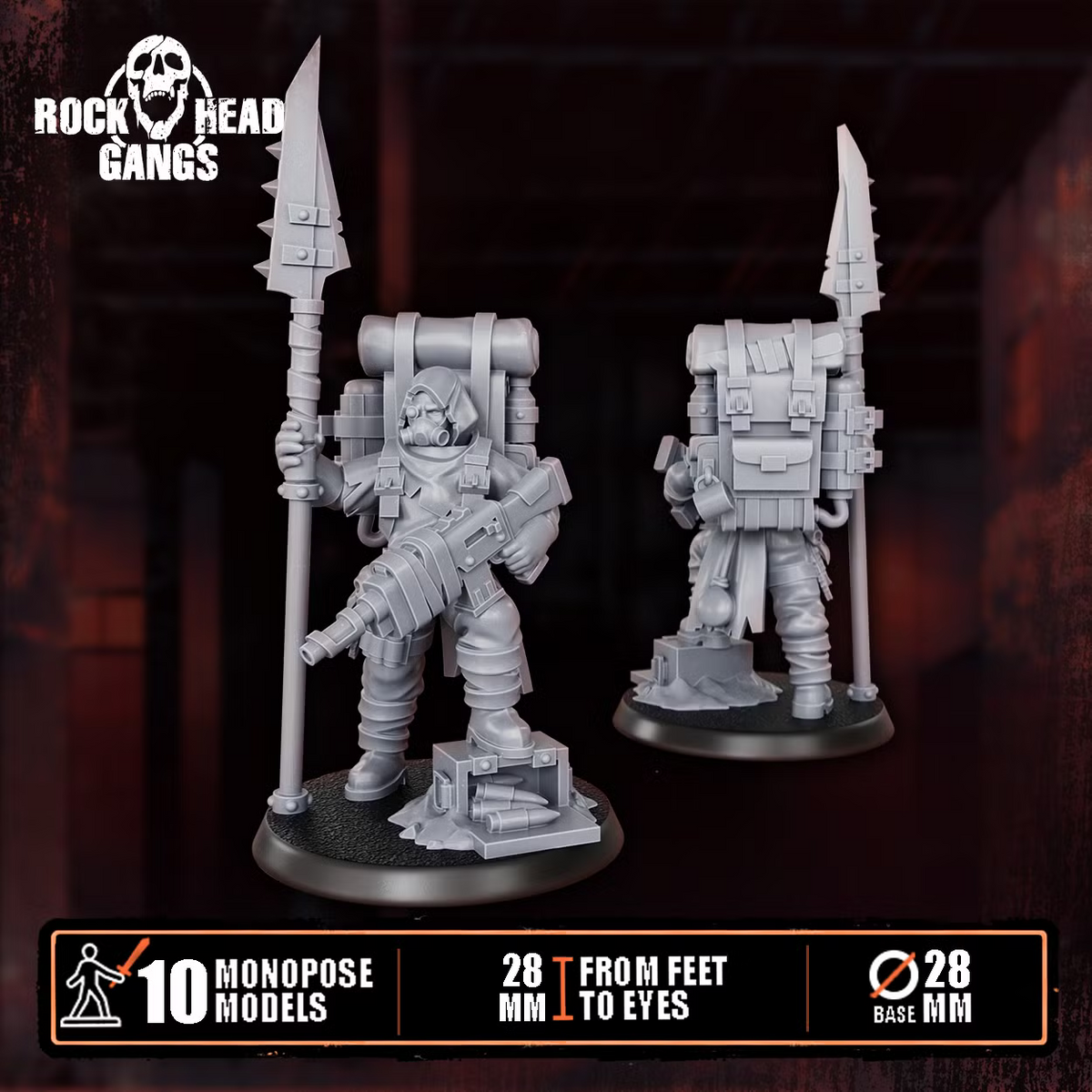 Close-up of two Deadland Lurkers monopose sci-fi gang miniatures with masks and desert gear