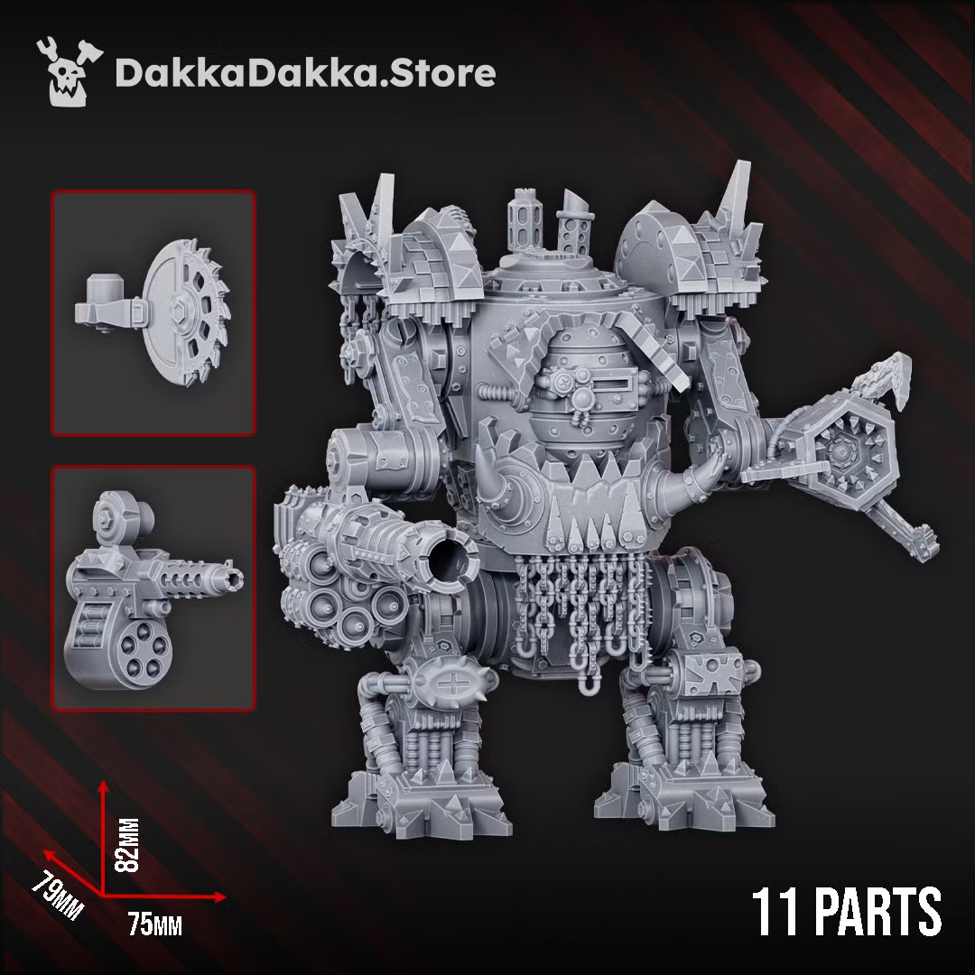 Deff Box sci-fi orc heavy walker by DakkaDakka, front three-quarters view. 