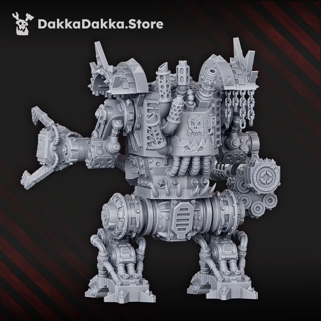 Rear view of Deff Box sci-fi orc heavy walker showing exhaust stacks and layered armor.