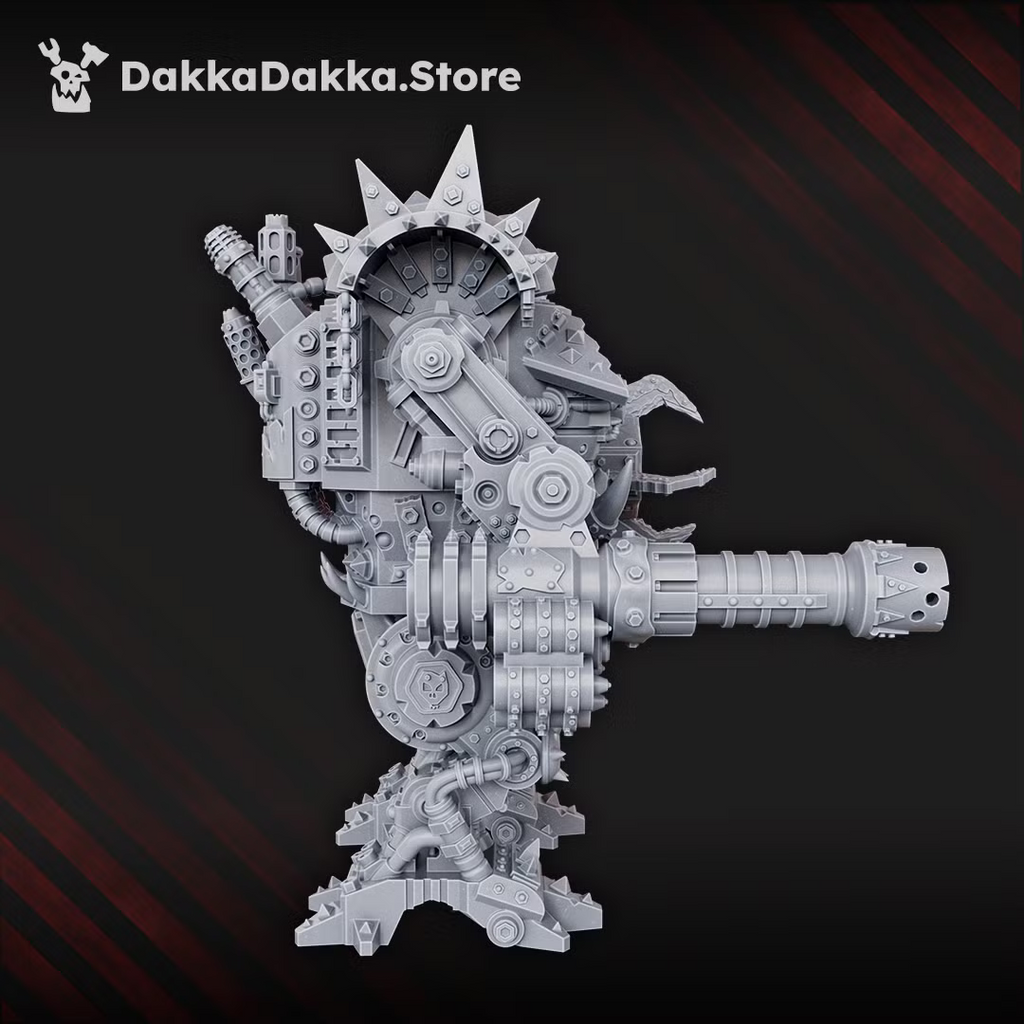Side view of Deff Box heavy walker showing armored legs and weapon arm. 