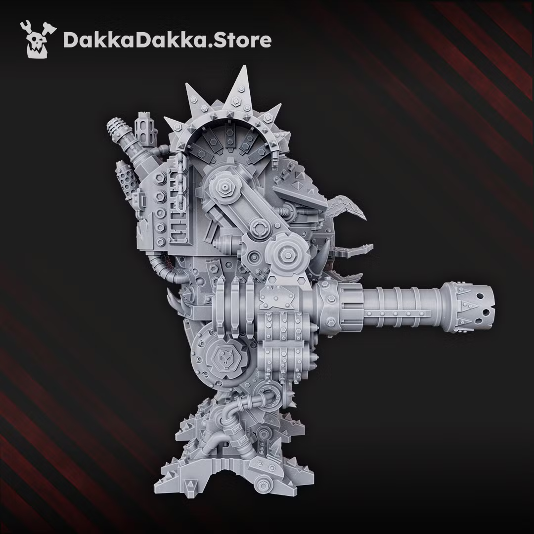 Side view of Deff Box heavy walker showing armored legs and weapon arm. 