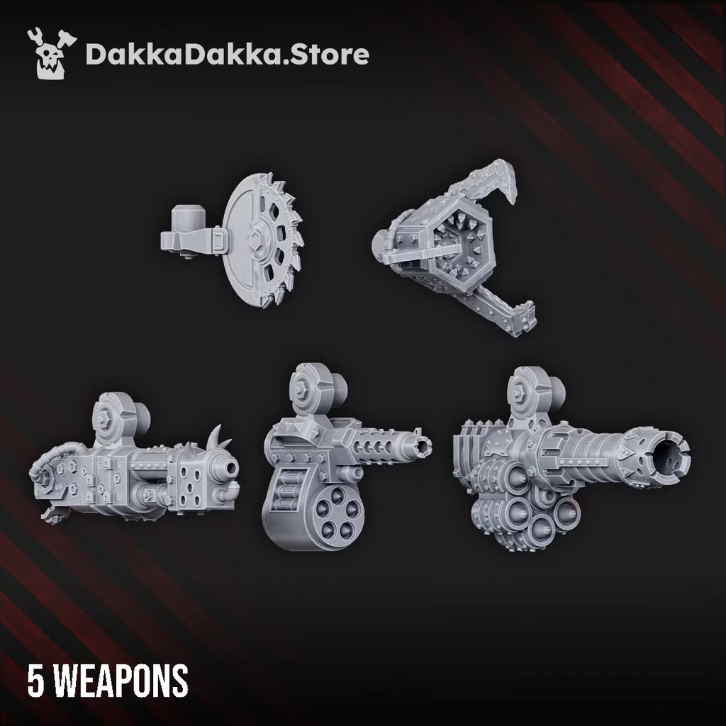 Five interchangeable Deff Box weapon options including saw, claw, flamer, missile launcher, and heavy gun. 