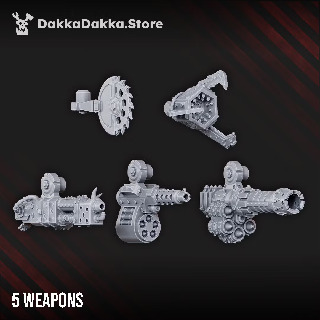 Five interchangeable Deff Box weapon options including saw, claw, flamer, missile launcher, and heavy gun. 