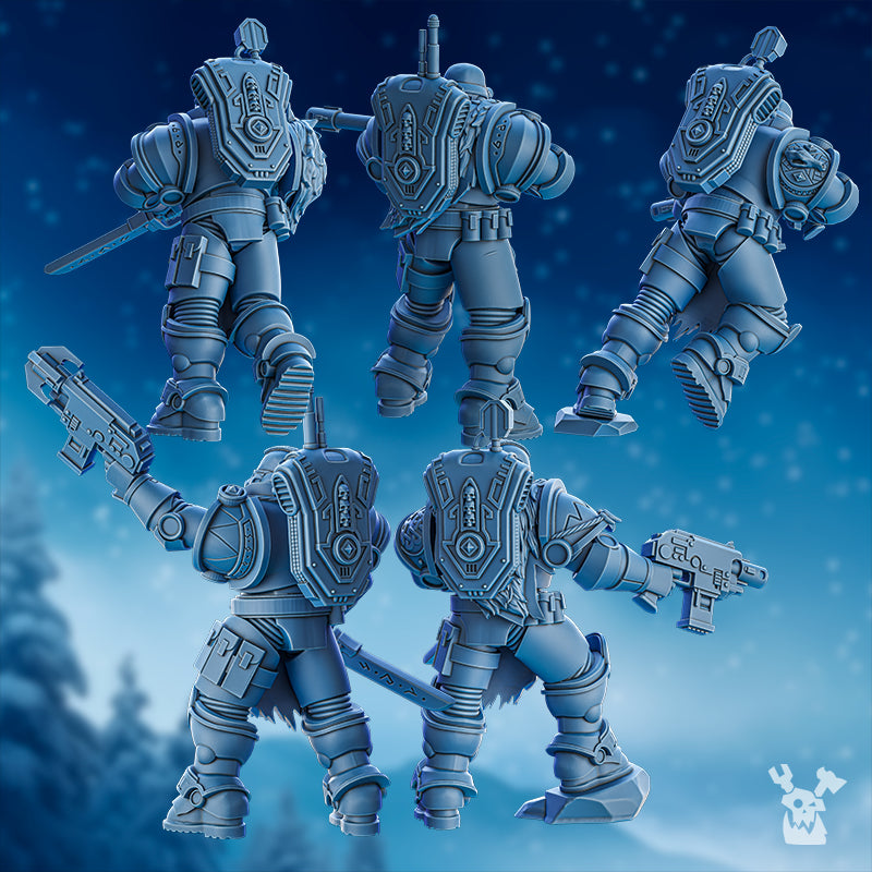 Rear view of the Deimos Hounds Squad by DakkaDakka, showing five sci-fi infantry miniatures with backpacks, armor plating, weapon poses, and rear sculpt detail.