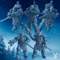 Deimos Hounds Squad by DakkaDakka, showing five modular sci-fi resin infantry miniatures with heavy rifles, blades, backpacks, armor, and wolf-inspired details.