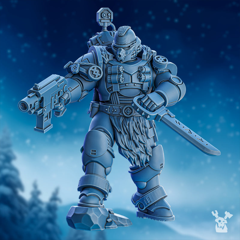 Deimos Hounds sci-fi infantry miniature by DakkaDakka, shown aiming a pistol with blade weapon, armored body, backpack sensor, and fur-textured detail.