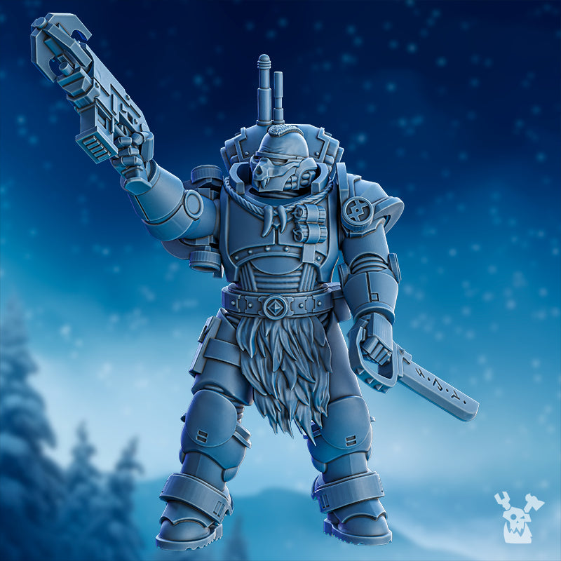 Deimos Hounds miniature by DakkaDakka, shown with raised pistol, blade weapon, armored sci-fi gear, backpack equipment, and tactical squad styling.
