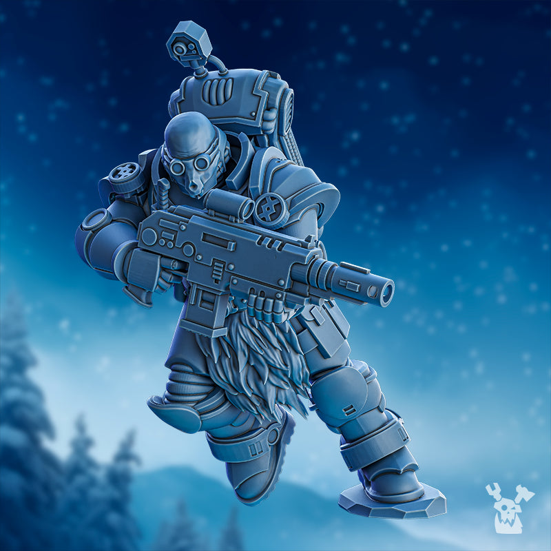 Deimos Hounds heavy rifle miniature by DakkaDakka, shown with long-barreled weapon, armored body, helmet, backpack gear, and elite infantry styling.