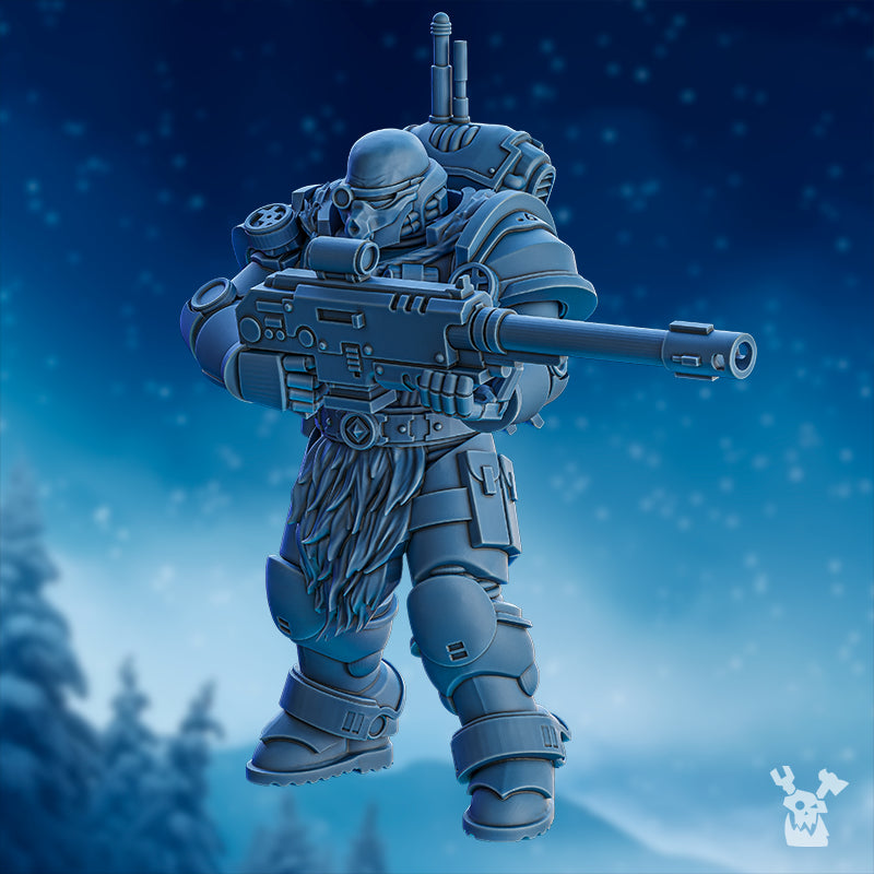 Deimos Hounds sci-fi soldier miniature by DakkaDakka, shown with rifle, helmet, fur-textured waist detail, armor plates, and dynamic tactical pose.