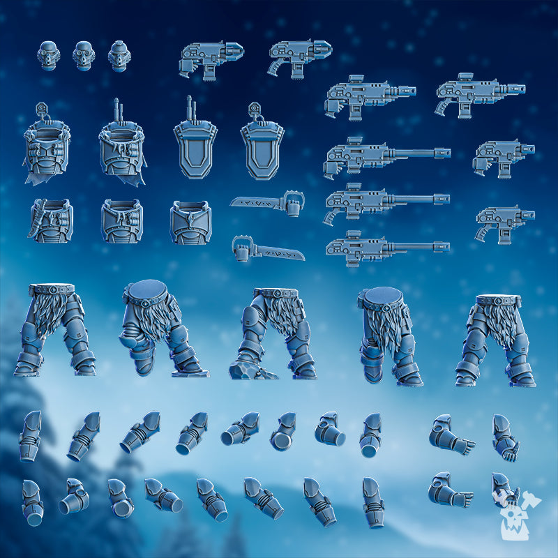 Deimos Hounds modular parts by DakkaDakka, showing sci-fi infantry heads, torsos, legs, arms, rifles, blades, backpacks, and weapon options.
