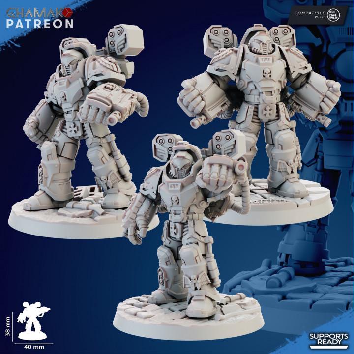 Ghamak Devastator Squad —3 resin-printed Sidereum System sci-fi infantry with hand flamer weapons on 32mm sculpted bases