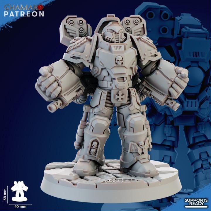 Close-up of Ghamak Devastator Squad resin miniature showing hand flamer weapon, shoulder pad, and grimdark armor sculpt detail