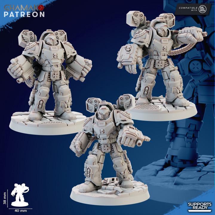 Ghamak Devastator Squad — 3 resin-printed Sidereum System sci-fi infantry with Heavy Bolter weapons on 32mm sculpted bases