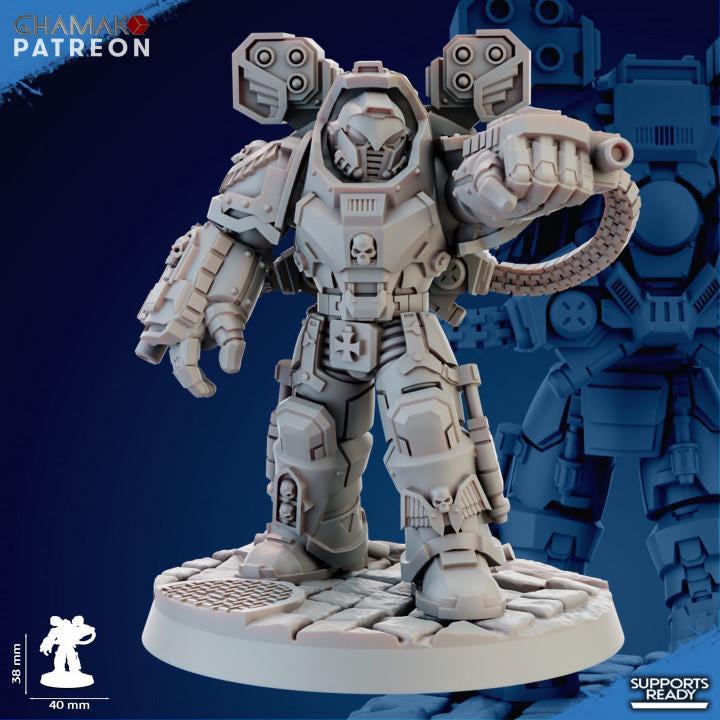 Close-up of Ghamak Devastator Squad resin miniature showing heavy bolter weapon, shoulder pad, and grimdark armor sculpt detail