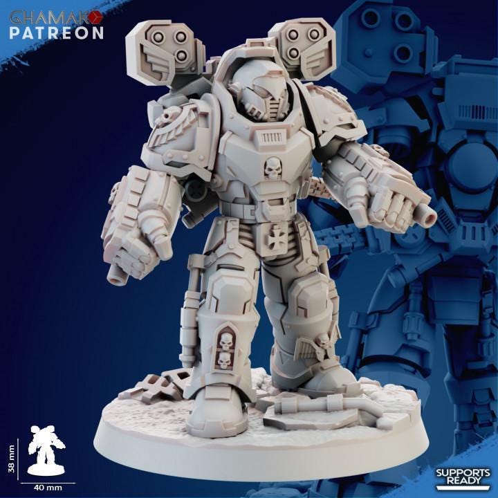 Close-up of Ghamak Devastator Squad resin miniature showing heavy bolter weapon, shoulder pad, and grimdark armor sculpt detail