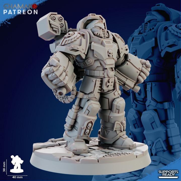 Close-up of Ghamak Devastator Squad resin miniature showing heavy bolter weapon, shoulder pad, and grimdark armor sculpt detail