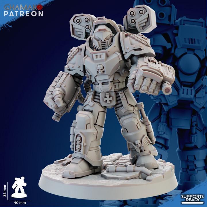Close-up of Ghamak Devastator Squad resin miniature showing hand flamer weapon, shoulder pad, and grimdark armor sculpt detail