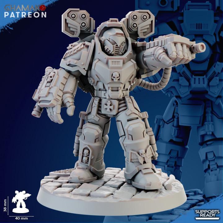 Close-up of Ghamak Devastator Squad resin miniature showing hand flamer weapon, shoulder pad, and grimdark armor sculpt detail