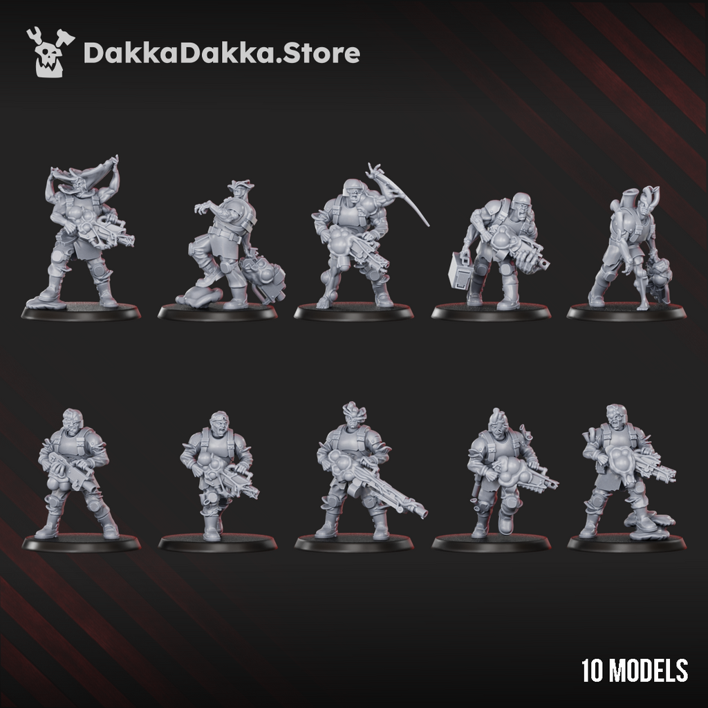 Diseased Gunners by DakkaDakka, showing 10 corrupted sci-fi resin infantry miniatures with fungal mutations, heavy weapons, and infected battlefield poses