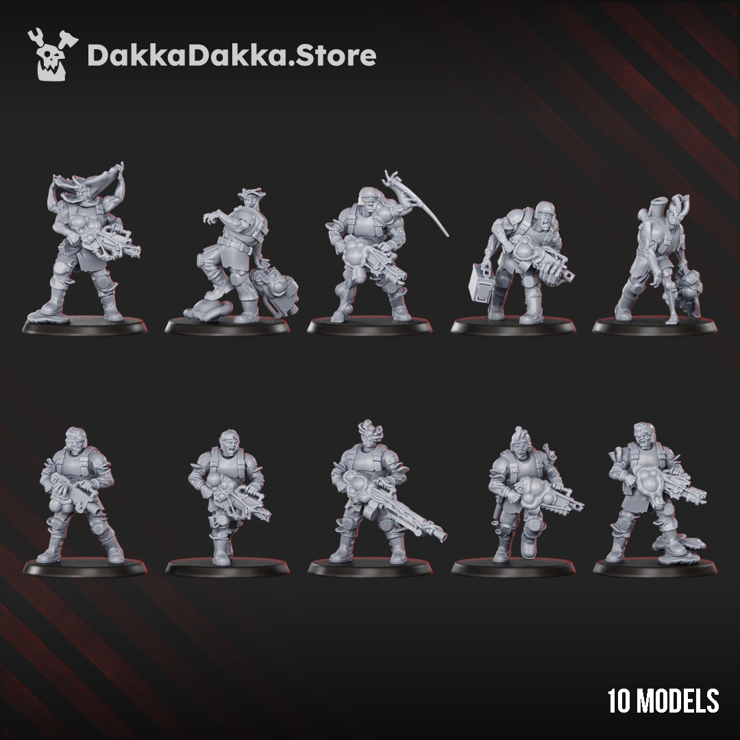 Diseased Gunners by DakkaDakka, showing 10 corrupted sci-fi resin infantry miniatures with fungal mutations, heavy weapons, and infected battlefield poses