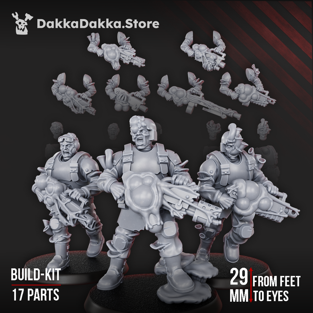 Diseased Gunners modular squad by DakkaDakka, showing a 3-model fungal heavy infantry build kit with corrupted weapon arms, mutated heads, sci-fi armor, and 17 resin parts.