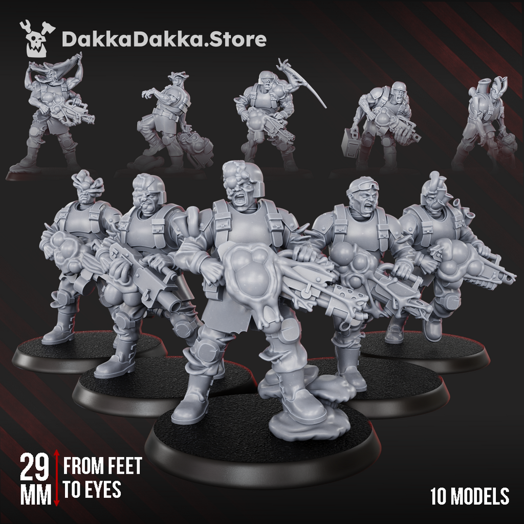 Diseased Gunners squad by DakkaDakka, showing 10 preassembled corrupted sci-fi resin miniatures with fungal mutations and heavy weapons.
