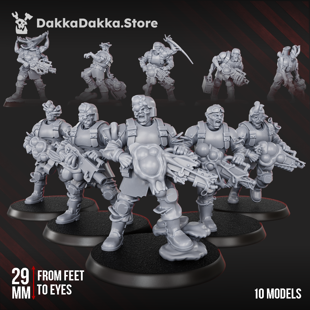 Diseased Gunners squad by DakkaDakka, showing 10 preassembled corrupted sci-fi resin miniatures with fungal mutations and heavy weapons.