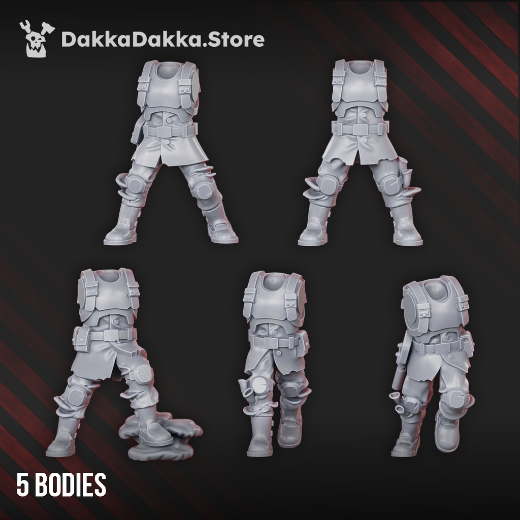 Diseased Gunners body parts by DakkaDakka, showing 5 resin sci-fi infantry bodies with armor, boots, torn uniforms, and infected soldier details.