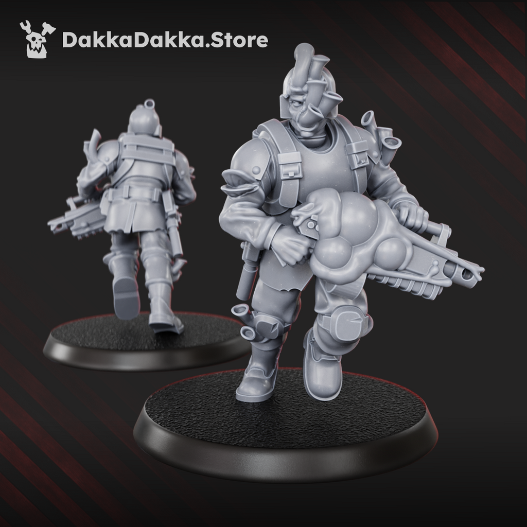 Diseased Gunner miniature by DakkaDakka with tube-like head mutations, heavy weapon, and infected sci-fi infantry armor.