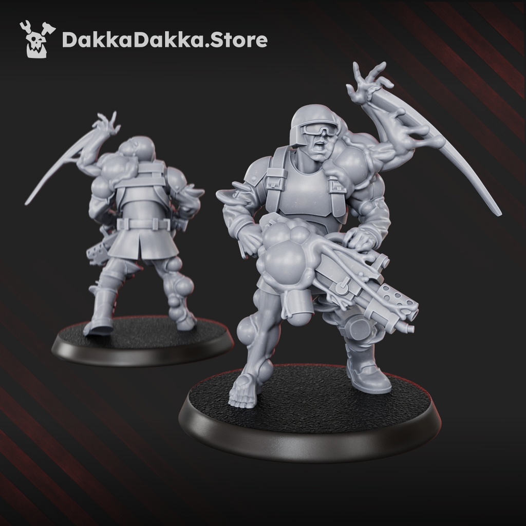 Diseased Gunner miniature by DakkaDakka with helmet, goggles, fungal weapon growths, and mutated soldier details.