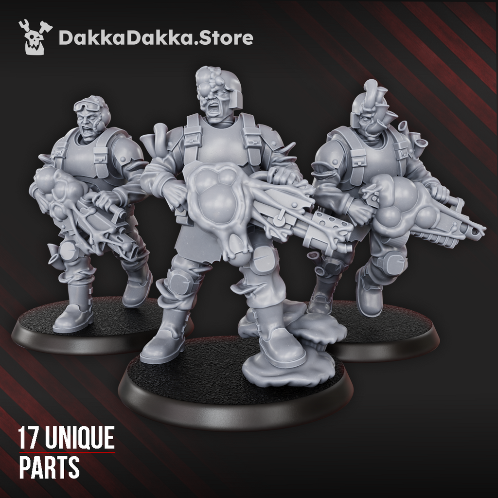 Diseased Gunners modular build kit by DakkaDakka, showing three of the five corrupted sci-fi resin heavy infantry miniatures with fungal mutations, armor, heavy weapons, and 17 unique parts.