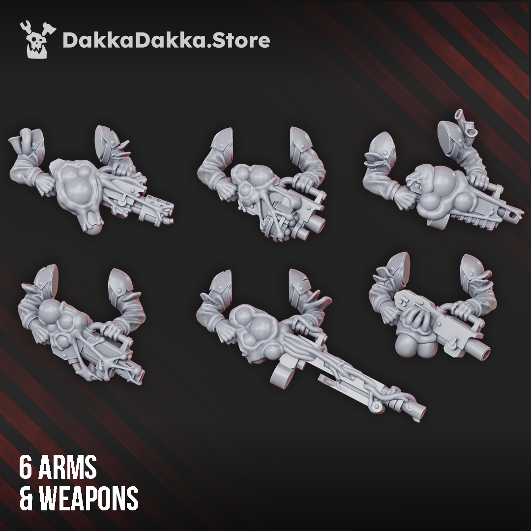 Diseased Gunners arms and weapons by DakkaDakka, showing 6 resin heavy weapon arm sets with fungal growths and mutated sci-fi gun details.