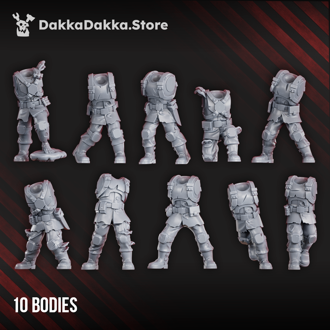 Diseased Planetary Guard body parts by DakkaDakka, showing 10 resin sci-fi infantry bodies with armor, boots, torn uniforms, and infected soldier details.
