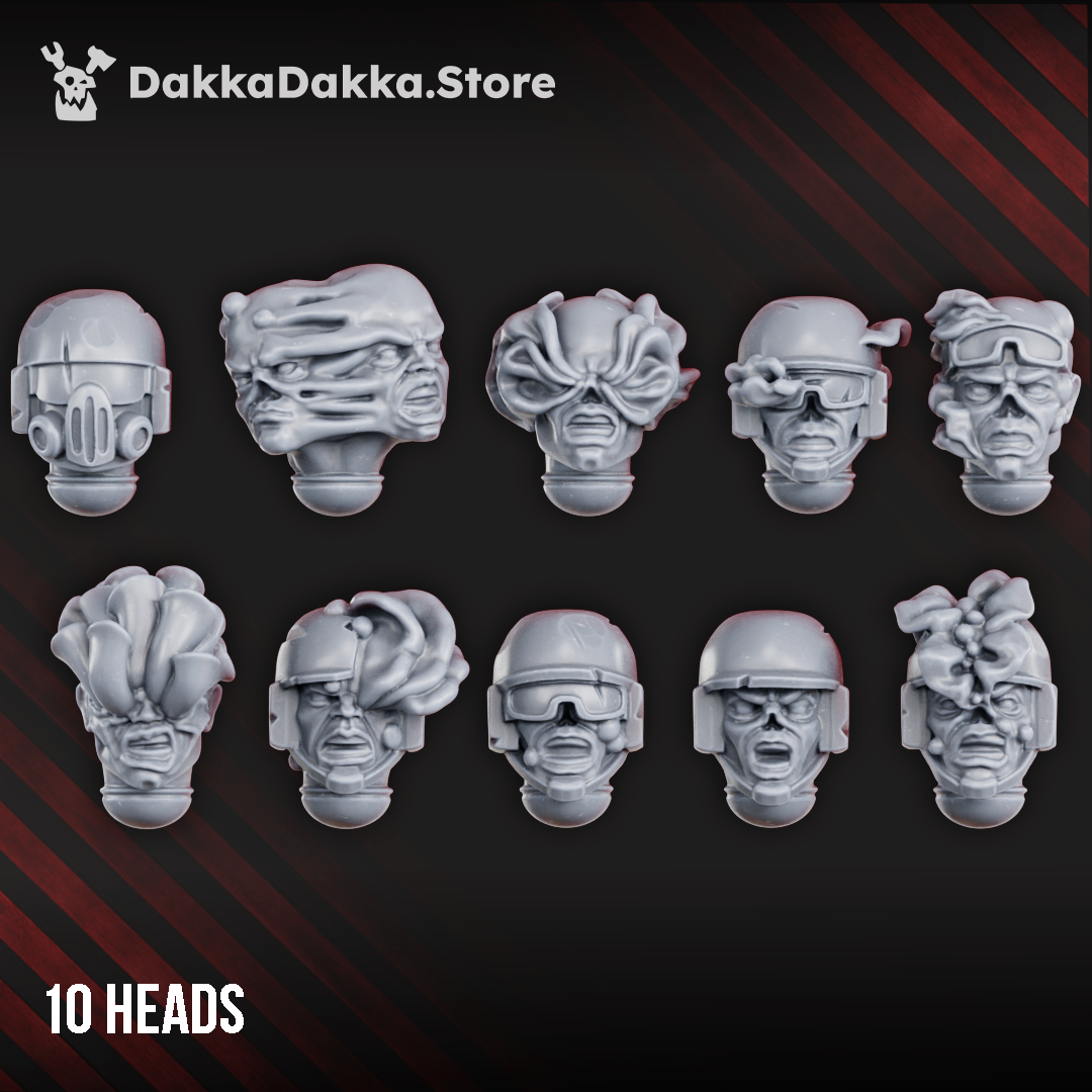 Diseased Planetary Guard head bits by DakkaDakka, showing 10 mutated sci-fi soldier heads with helmets, respirators, goggles, fungal growths, and infected facial details.