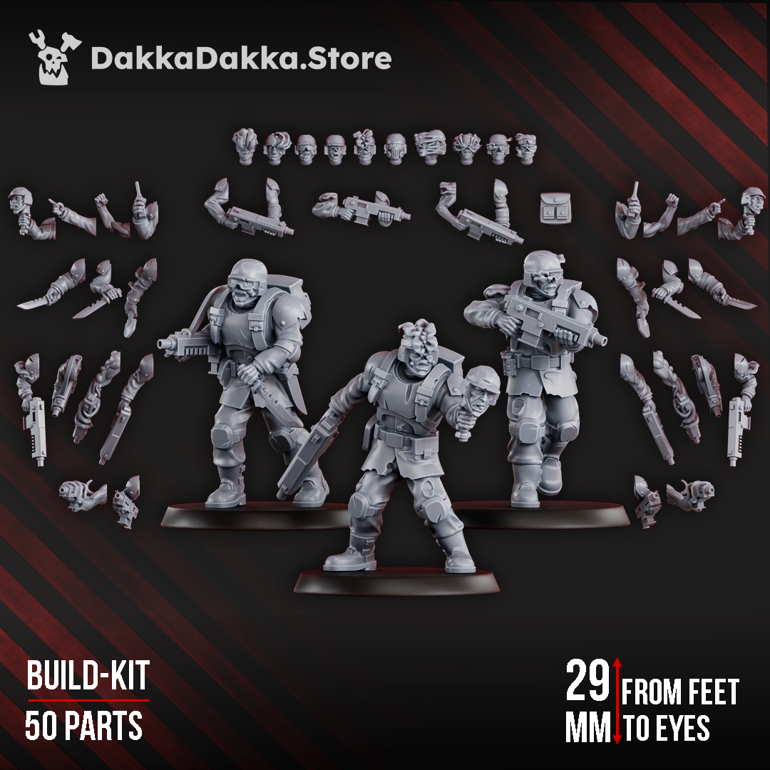 Diseased Planetary Guard modular build kit by DakkaDakka, showing a 50-part resin kit for 10 fungal zombie sci-fi infantry miniatures with bodies, heads, arms, and weapons.
