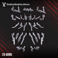 Diseased Planetary Guard arms and weapons by DakkaDakka, showing 29 resin sci-fi infantry weapon arms with rifles, pistols, blades, mutated details, and corrupted upgrade parts.