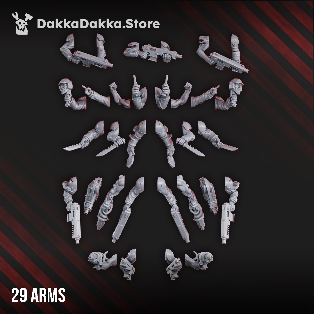 Diseased Planetary Guard arms and weapons by DakkaDakka, showing 29 resin sci-fi infantry weapon arms with rifles, pistols, blades, mutated details, and corrupted upgrade parts.