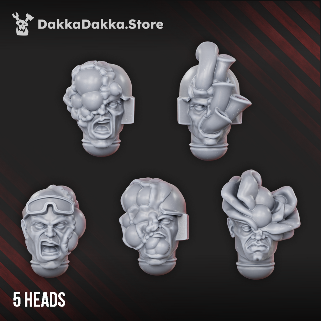 Diseased Gunners head bits by DakkaDakka, showing 5 mutated sci-fi soldier heads with fungal growths, goggles, tubes, and infected facial details.