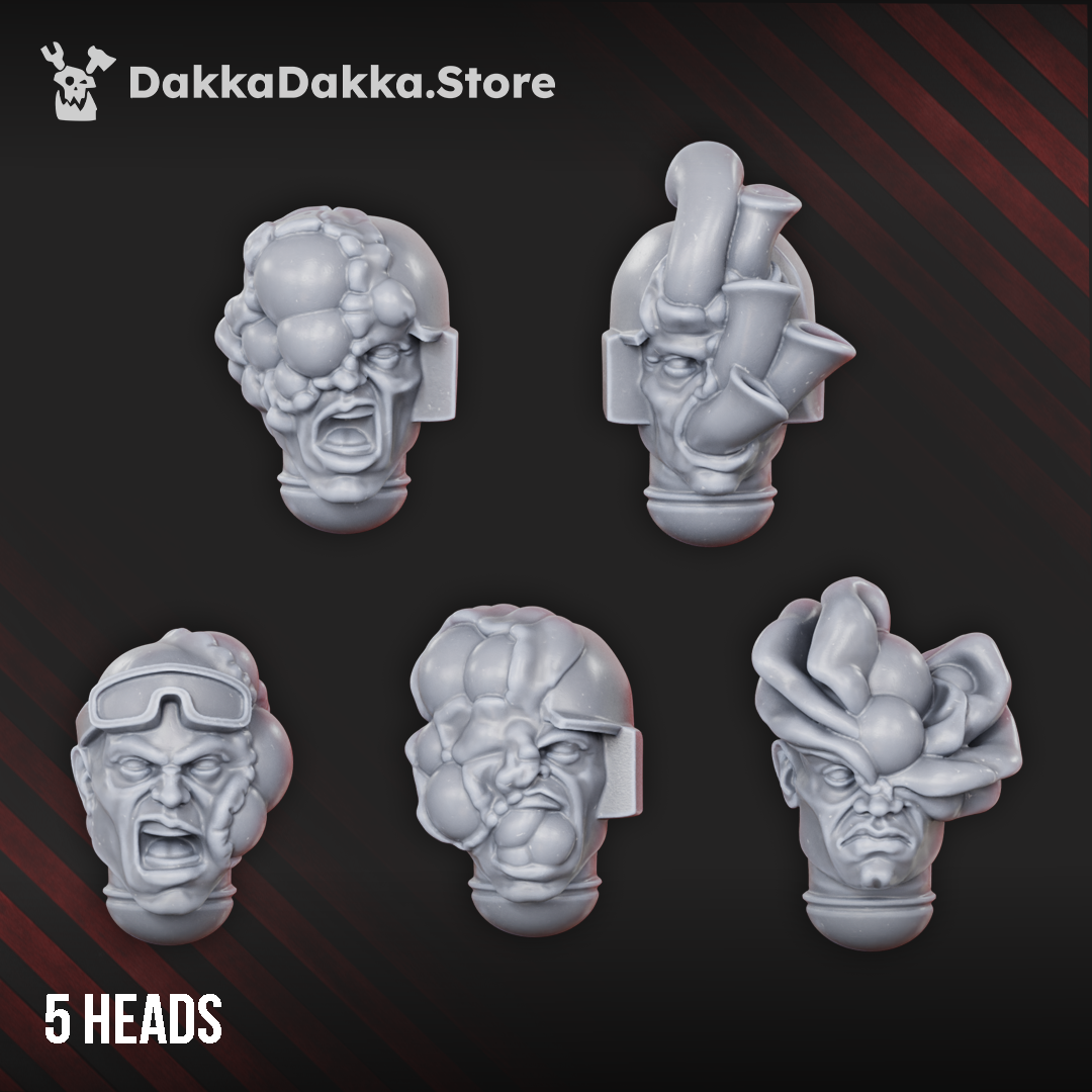 Diseased Gunners head bits by DakkaDakka, showing 5 mutated sci-fi soldier heads with fungal growths, goggles, tubes, and infected facial details.