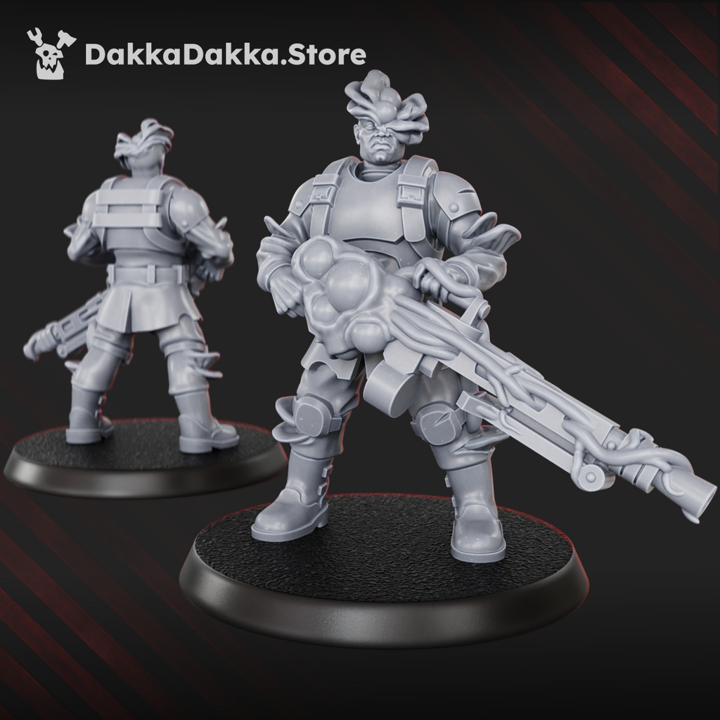 Diseased Gunner miniature by DakkaDakka with exposed mutations, heavy weapon, torn uniform, and infected battlefield pose.