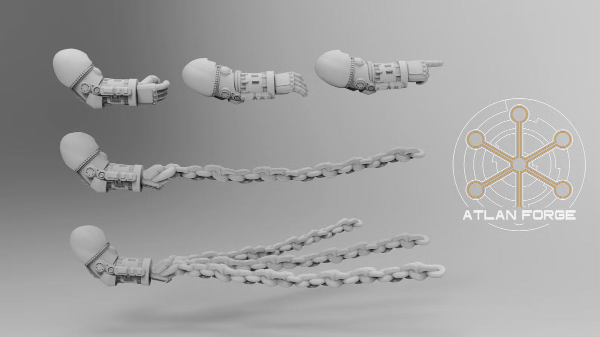 Dogs of War handler arm designs with hand gestures, a single leash, and a three-chain leash