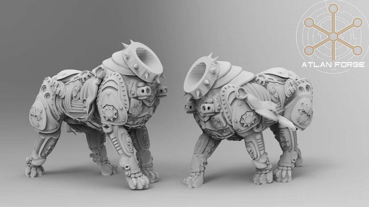 Two Dogs of War cyber hound body poses with mechanical limbs and layered sci-fi armor