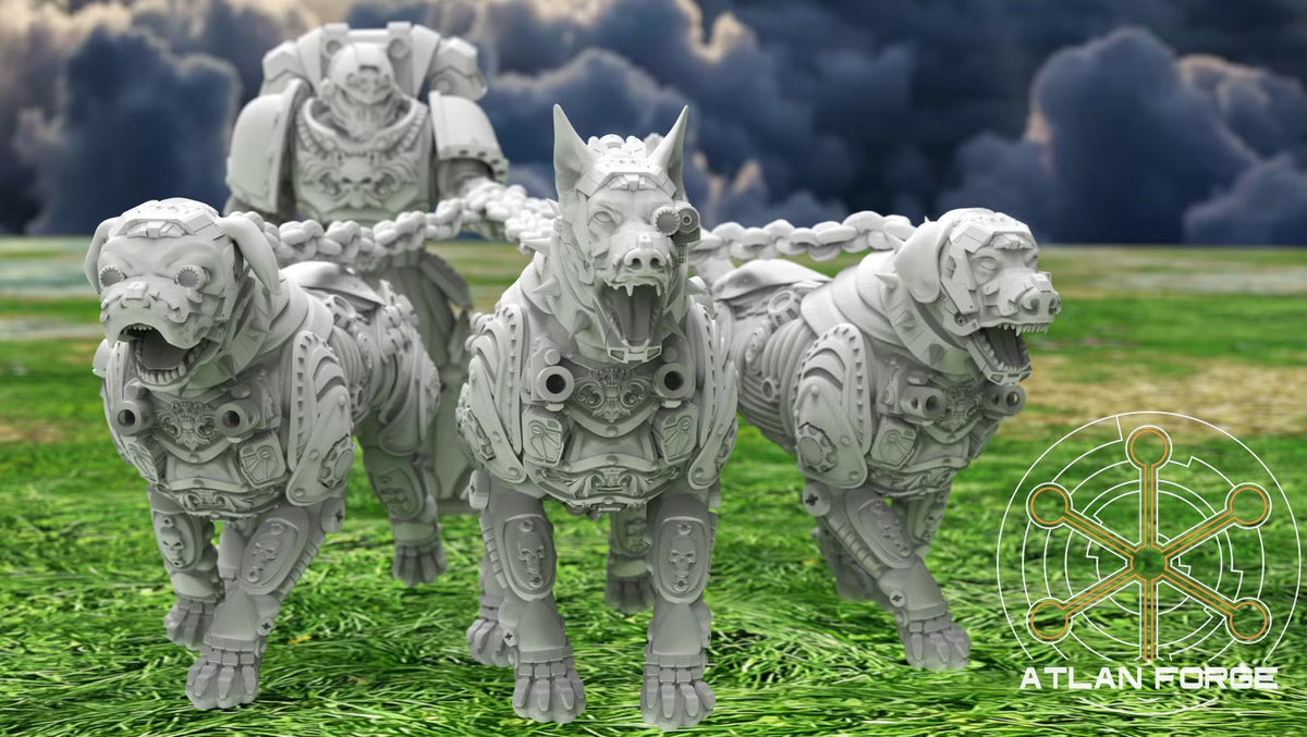 Atlan Forge Dogs of War set with armored sci-fi handler and three cyber hounds featuring varied canine heads and mechanical armor