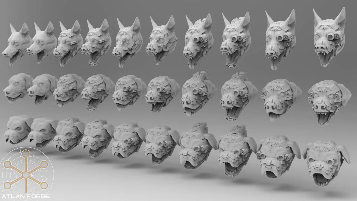 Dogs of War cyber hound head designs with pointed ears, floppy ears, armored faces, open mouths, and optical enhancements
