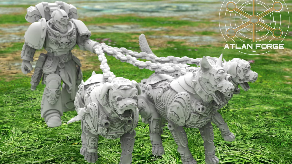 Side view of Dogs of War handler leading three armored cyber hounds on chain leashes