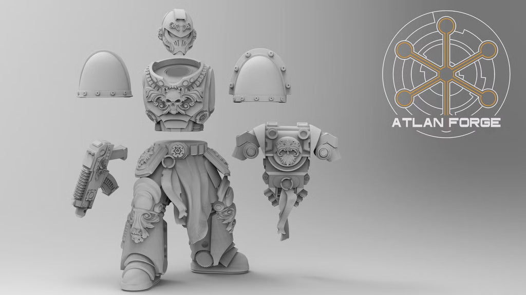 Dogs of War armored handler components including helmet, torso, legs, shoulder armor, backpack, and firearm