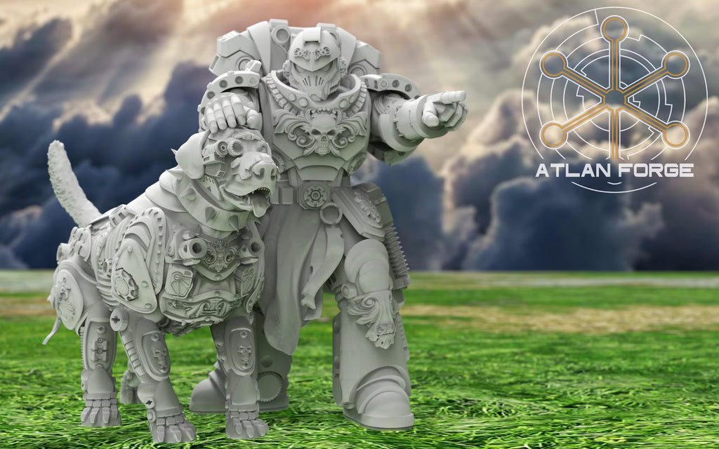 Armored Dogs of War handler walking a cybernetic hound with mechanical armor and canine features