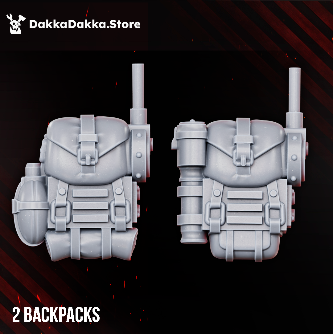 Two modular backpack options for the Doomsday Infantry Squad by DakkaDakka, designed for sci-fi infantry miniature customization.